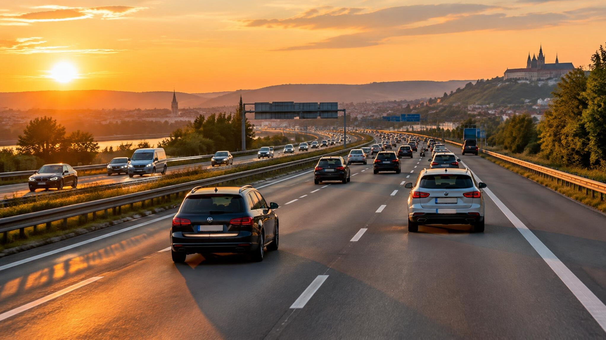 Highway road with cars at sunset