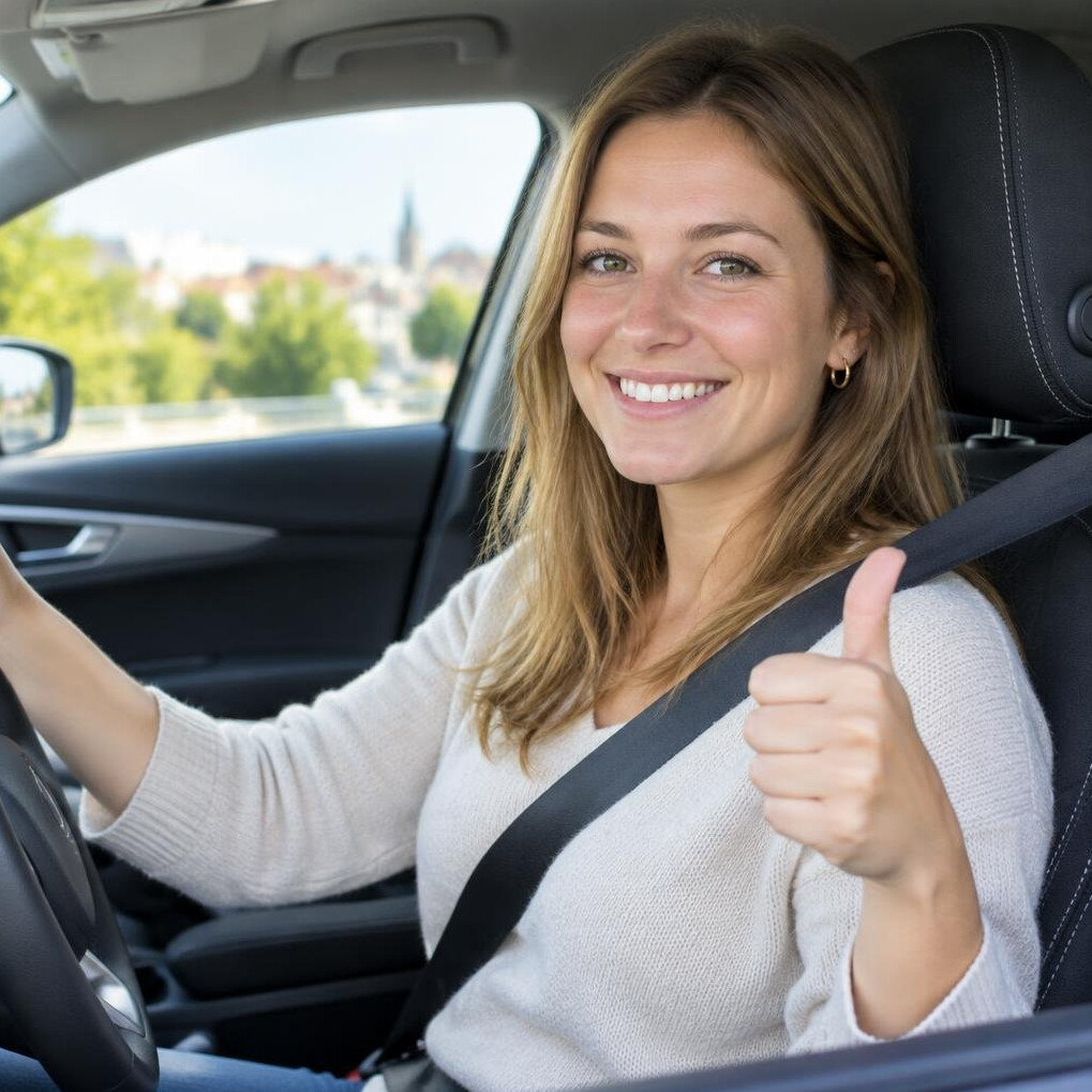 Smiling young woman giving a thumbs up in a car